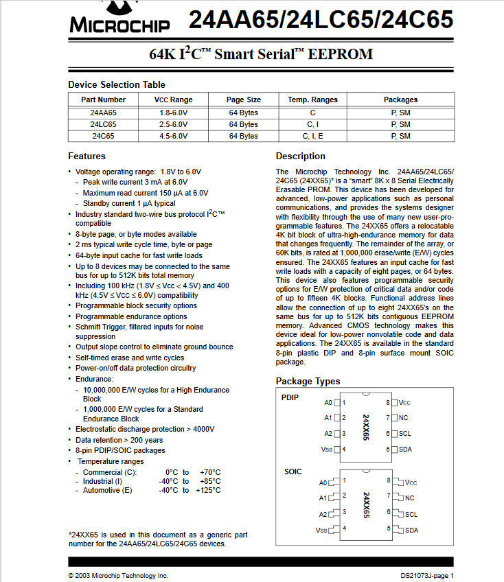 38pcs Microchip 24LC65 64K I2c Smart Serial  EEPROM