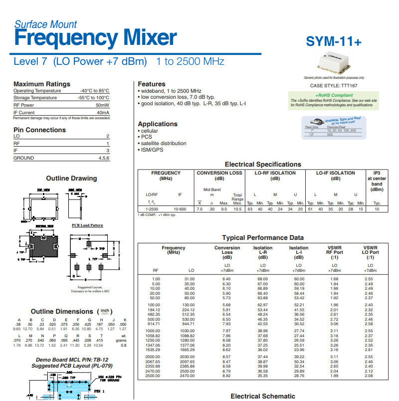 MCL SYM-11 Frequency Mixer Level 7 LO Power +7 dBm 1 to 2500 MHz