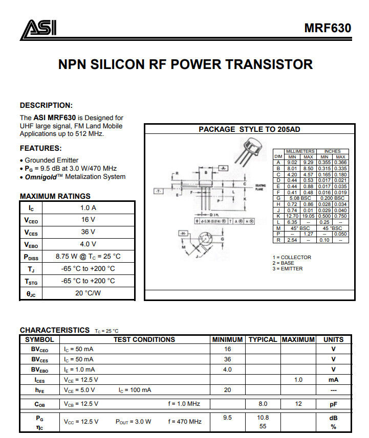 MRF630 NPN RF Transistor PG Of 9.5 dB at 3.0 W/470 MHz , 2Pcs