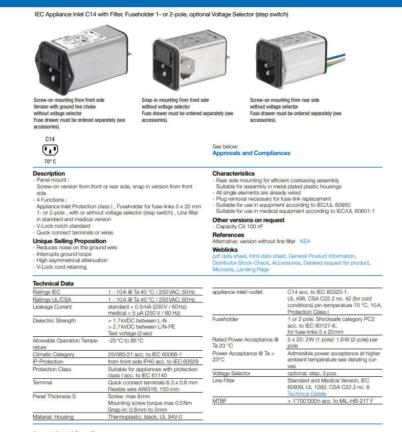 EMI RFI Power Entry Modules Line EMI Filters Schurter KFA 4301.5051 1A 250v