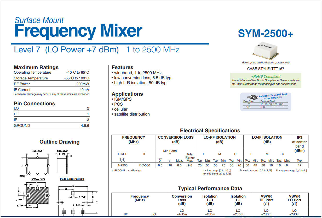 1 to 2500MHz Frequency Mixer Level 7 LO Power +7 dBm  MCL SYM-2500