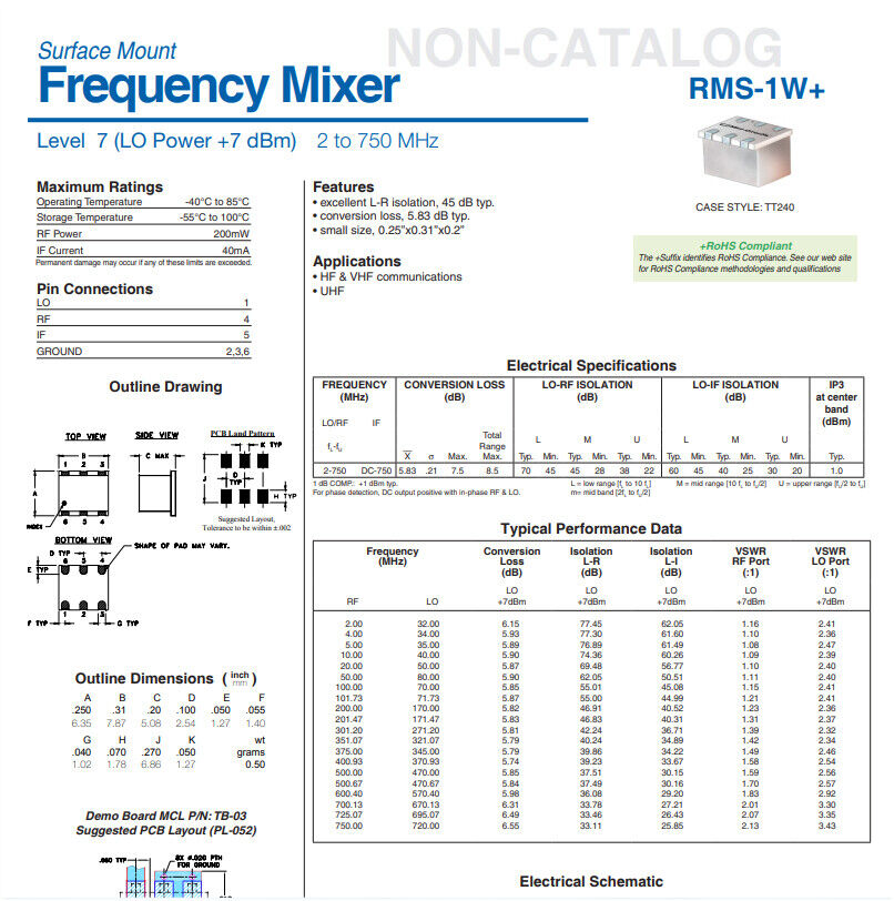 MCL RMS-1W Frequency Mixer Level 7 LO Power +7 dBm  2MHz To 750 MHz