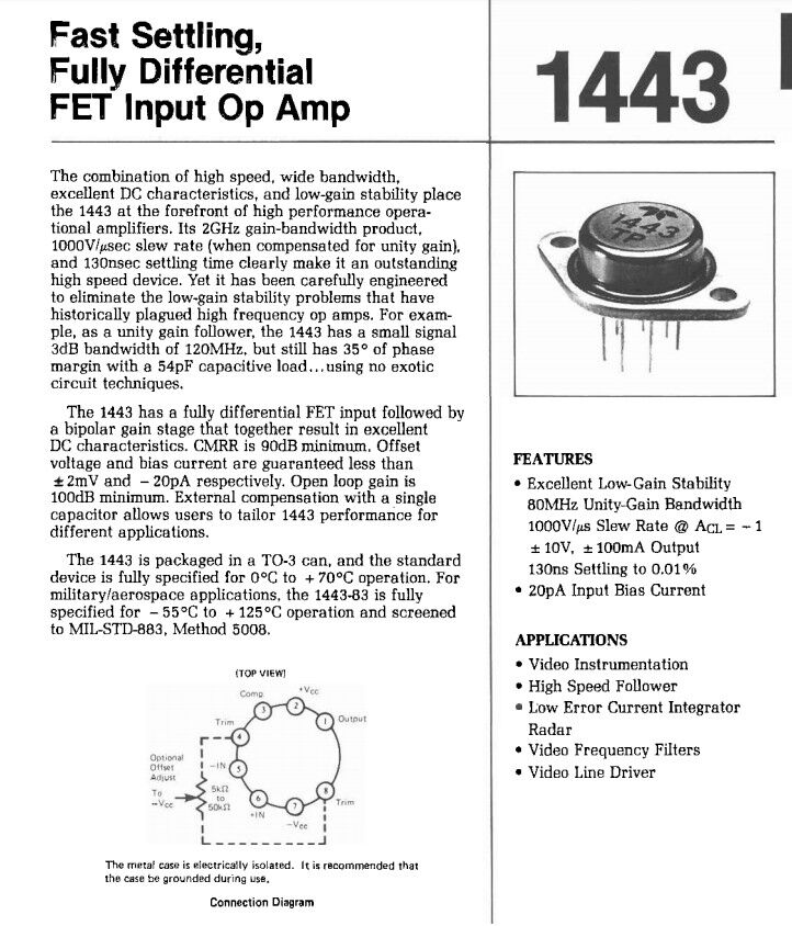 Teledyne Op Amp  1443 Operational Amplifier Differential FET Input