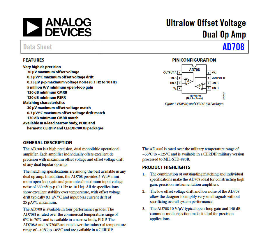 Genuine Analog Devices AD708 Precision Op Amp Ultralow Offset Dual Op Amp