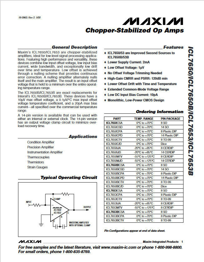 10pcs Chopper Amplifier ICL7650CPD  10μV Offset 0.1μV Drift