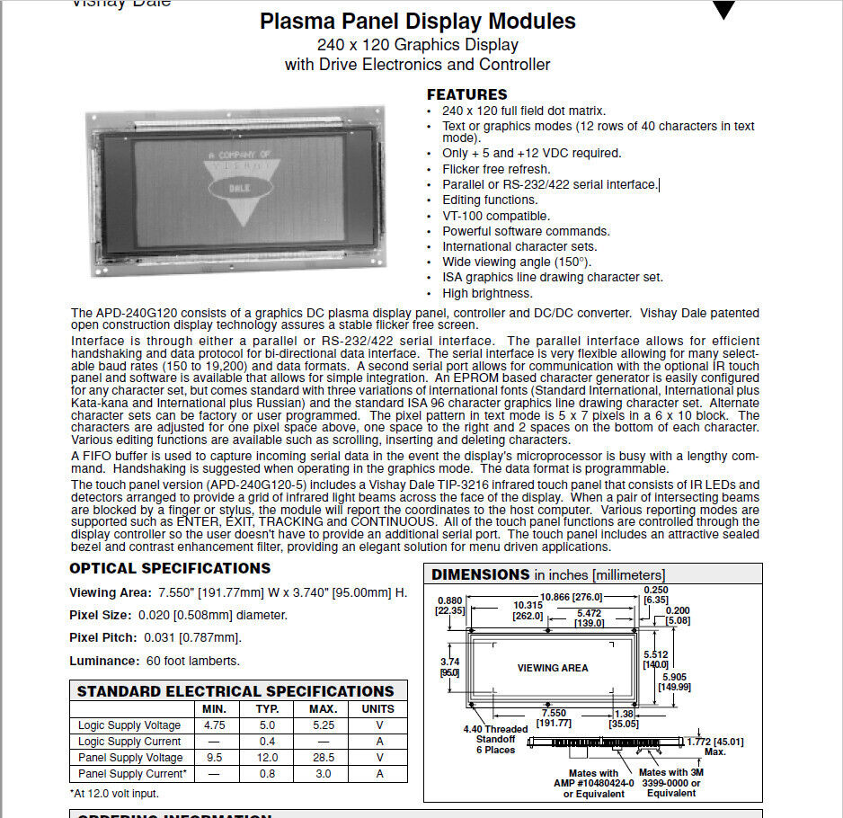 APD-240G120 Plasma Panel Display Module 240 x 120 Graphic With Display Driver